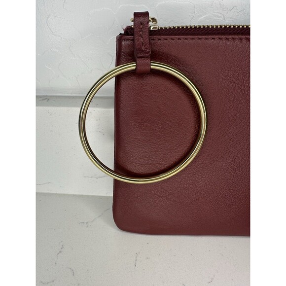 Thacker Burgundy Leather Wristlet Clutch Bag Gold Ring Handle Zip Pouch - Picture 3 of 6